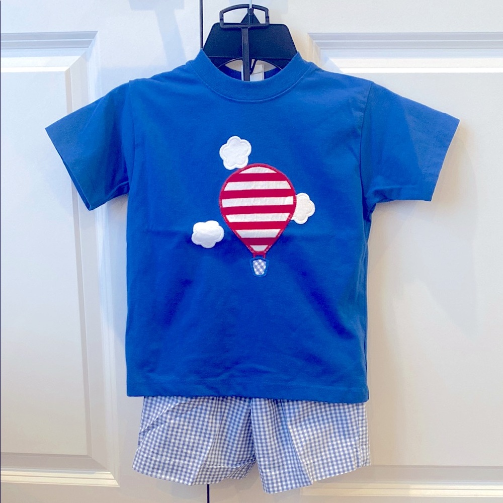 Spring Summer Boys Shirt/Short Set-Hot Air Balloon, Blue Gingham